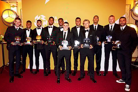 Britain PFA Player Awards: Premier League team of the year pose with their trophies